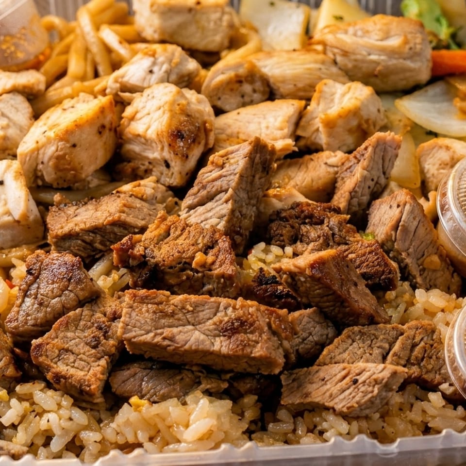 Close-up of a takeout container filled with steak, chicken, noodles, rice, and two sauce cups.