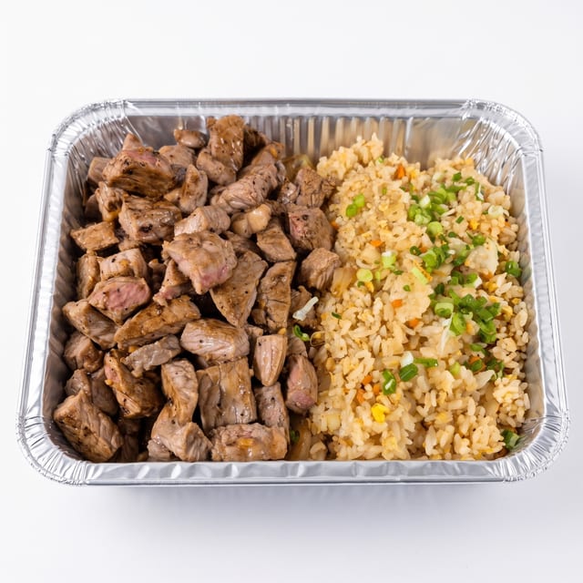 Tray of Grilled NY Steak and Fried Rice.
