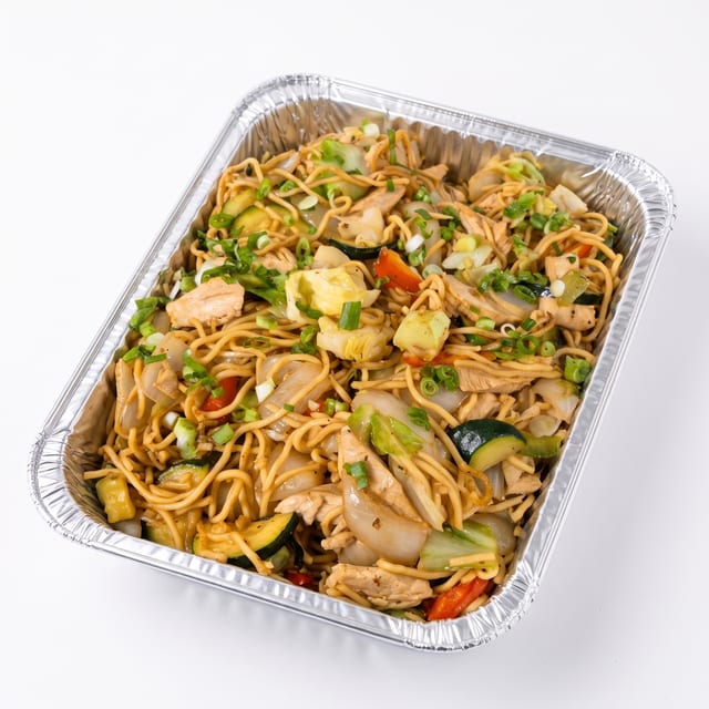 Tray of Yakisoba Chicken.